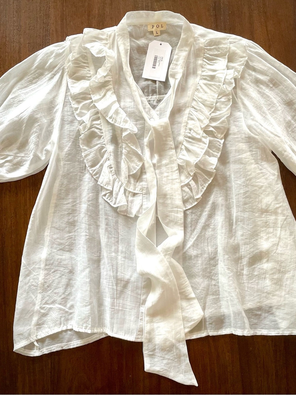 NWT – POL Angelica White Ruffle Tie-Neck Blouse – Size Large